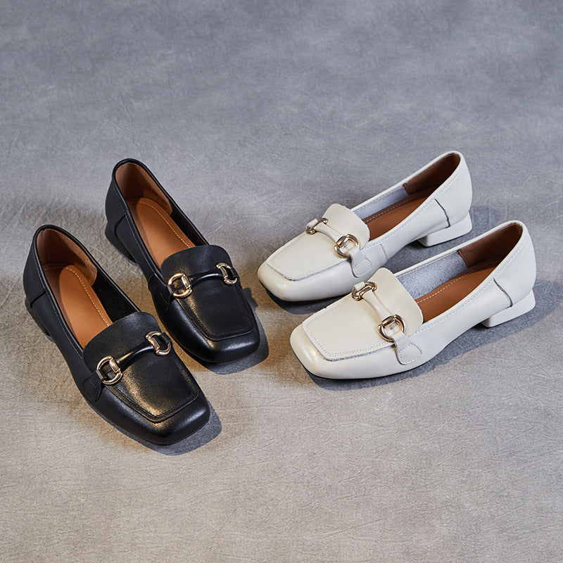 Women Minimalist Buckle Leather Low Block Loafers Newgew Shoes