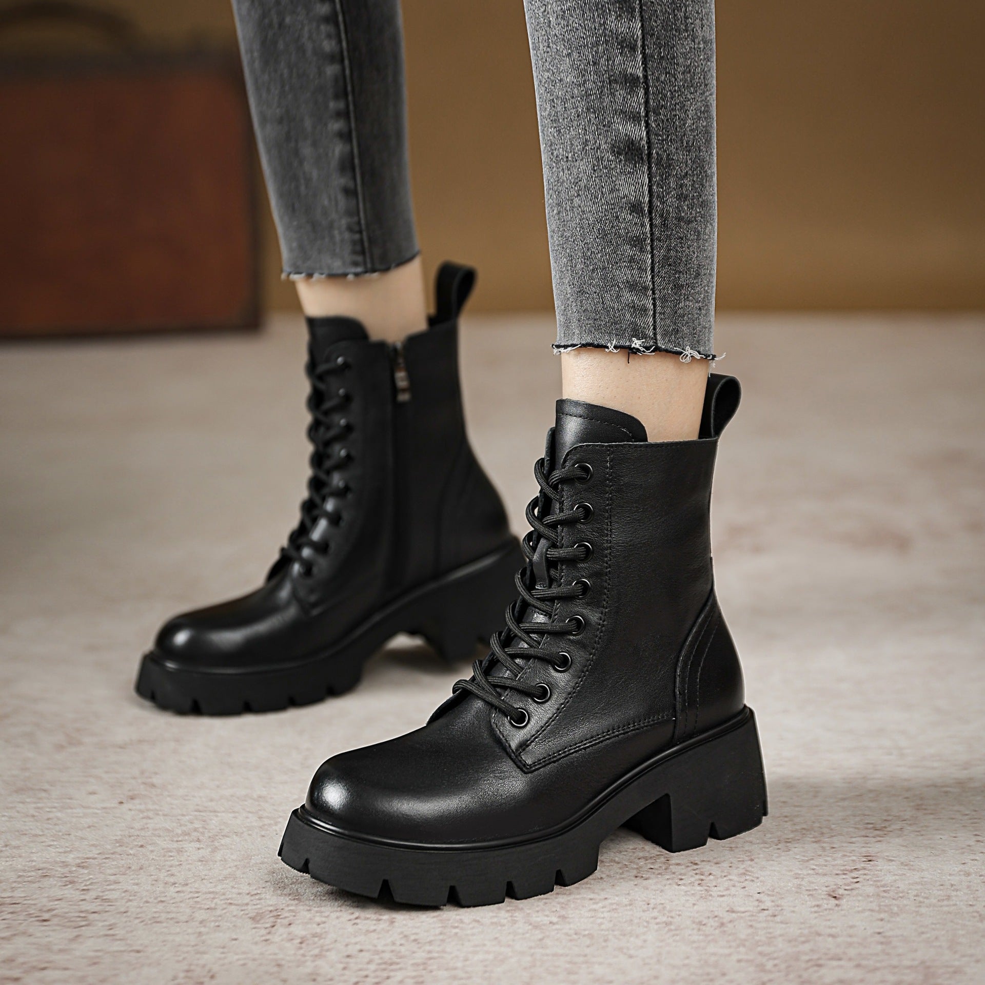 Women Classic Minimalist Leather Chunky Platform Combat Boots Newgew Shoes