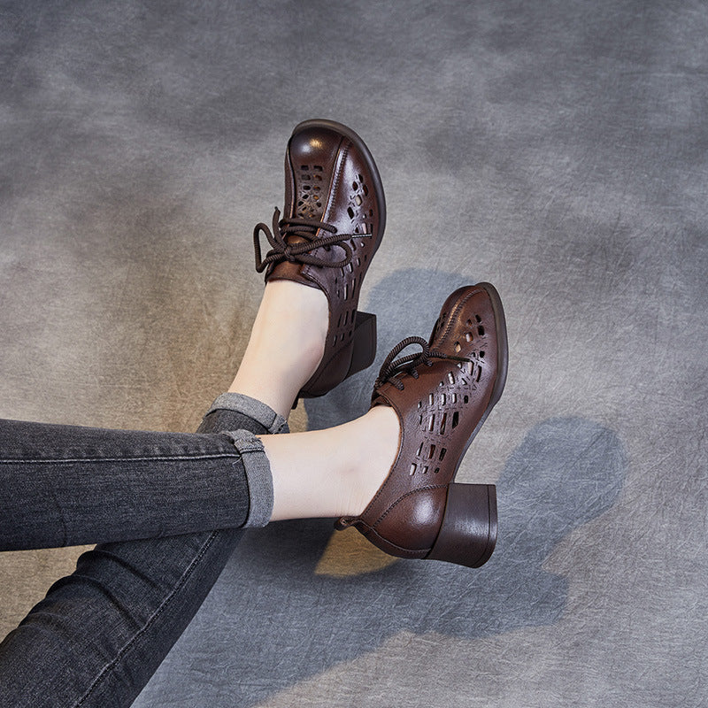 Women Hollow Leather Lace Up Summer Heel Casual Shoes Newgew Shoes