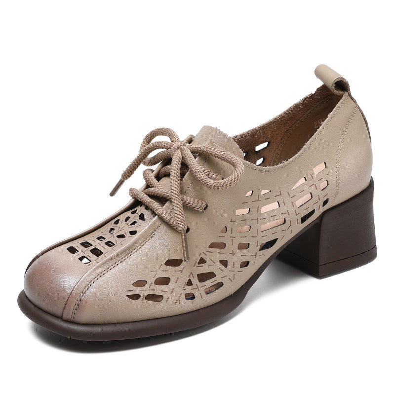 Women Hollow Leather Lace Up Summer Heel Casual Shoes Newgew Shoes