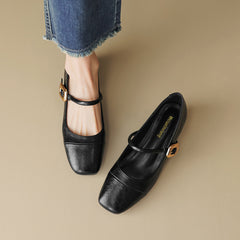 Women Minimalist Retro Leather Low Block Pumps Newgew Shoes