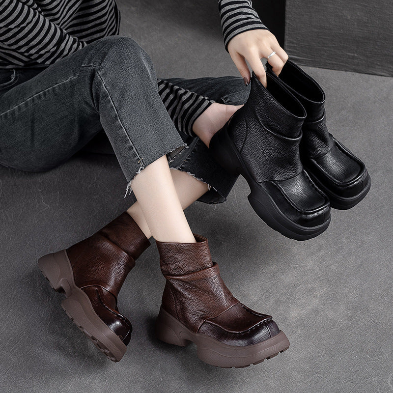 Women Retro Solid Leather Platform Boots Newgew Shoes