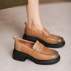 Women Retro Leather Square Head Thick Soled Loafers Newgew Shoes