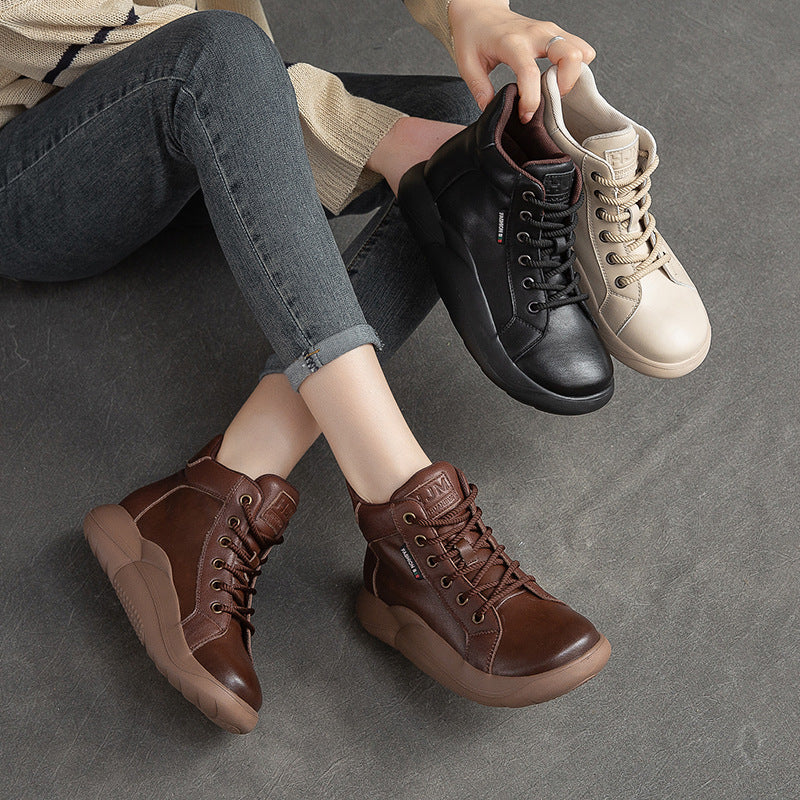 Women Lace-Up Casual Fashion Leather Flat Ankle Boots Newgew Shoes