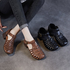 Women Retro Plaited Leather Summer Low Block Sandals Newgew Shoes