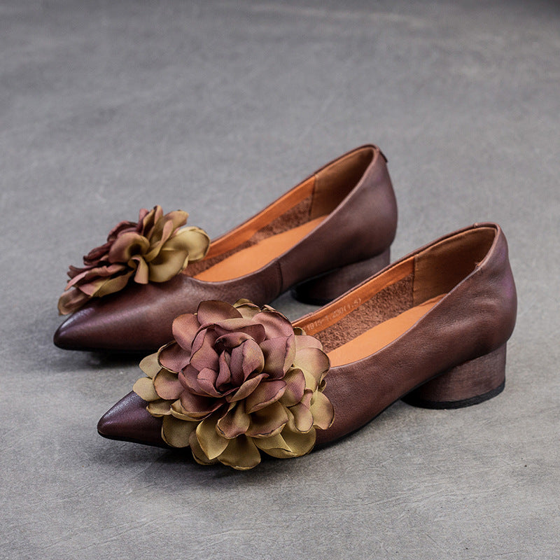 Women Retro Casual Flower Leather Low Block Pumps Newgew Shoes