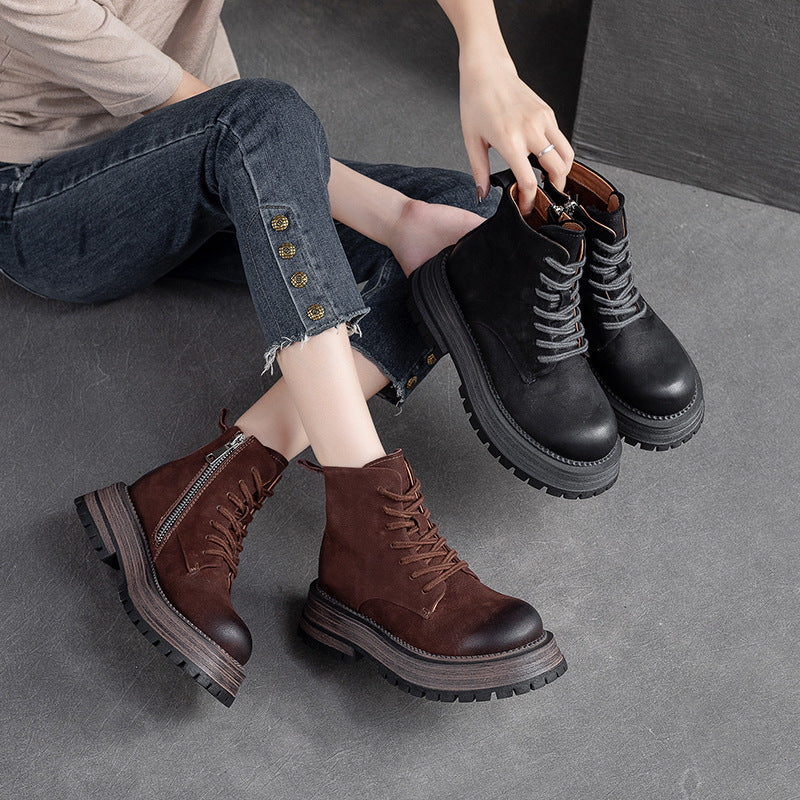 Women Retro Leather Patchwork Thick Soled Boots Newgew Shoes