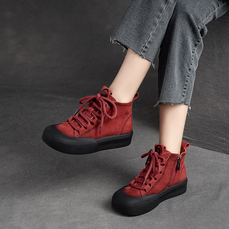 Women Retro Solid Leather Flat Casual Boots Newgew Shoes