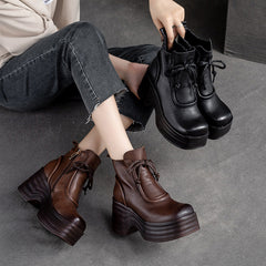 Women Autumn Retro Leather Chunky Platform Boots Newgew Shoes