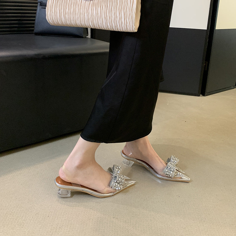 Pointed rhinestone thick heel transparent bow sandals NewGew