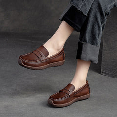 Women Retro Solid Leather Flat Casual Loafers Newgew Shoes