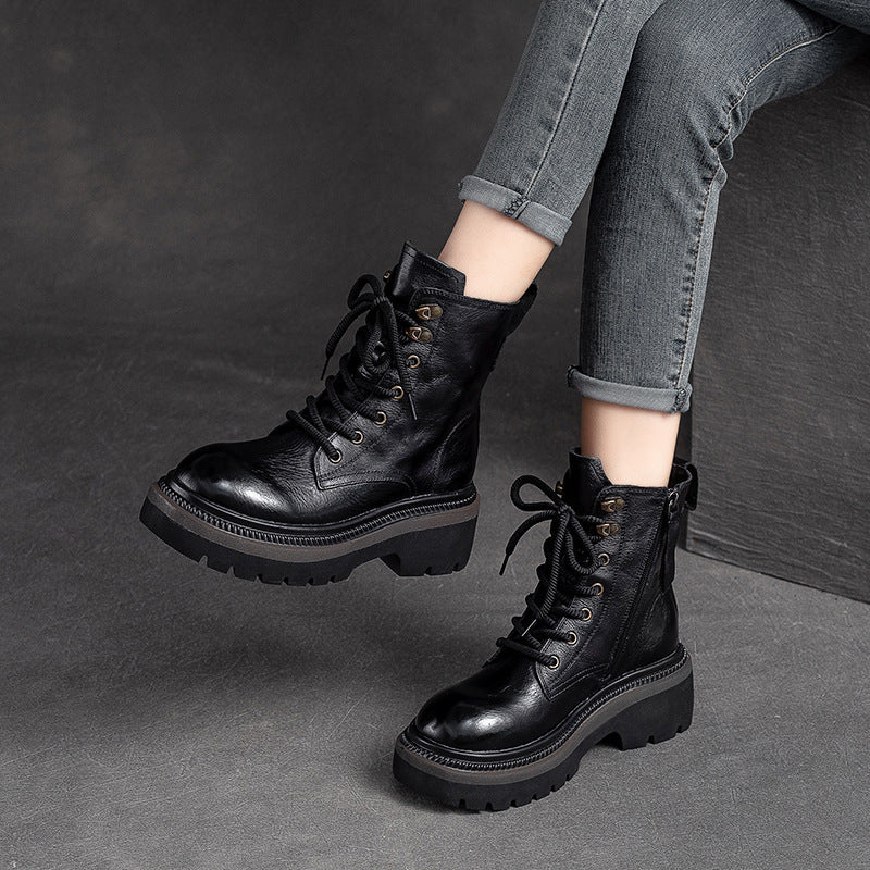 Women Classic Leather Thick Soled Combat Boots Newgew Shoes