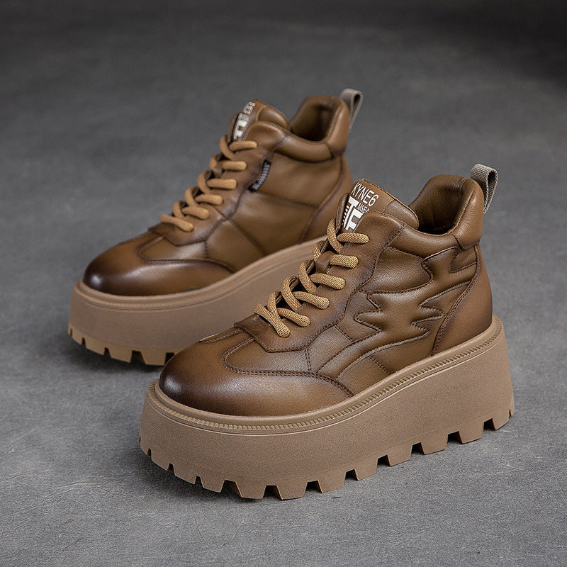 Women Minimalist Cowhide Chunky Platform Casual Shoes Newgew Shoes