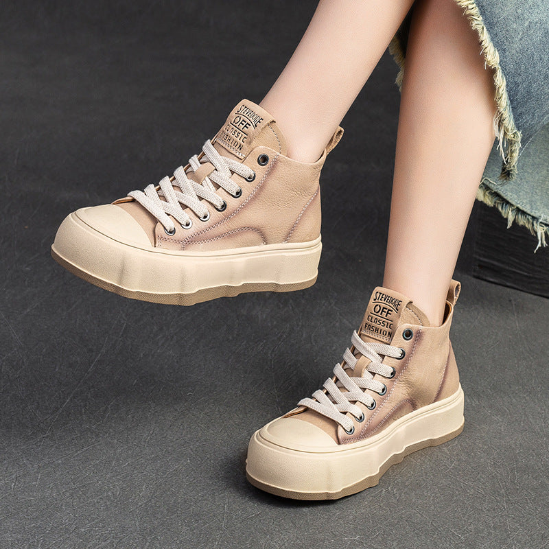 Women Fashion Cowhide Lace-up Casual Flat Ankle Boots Newgew Shoes