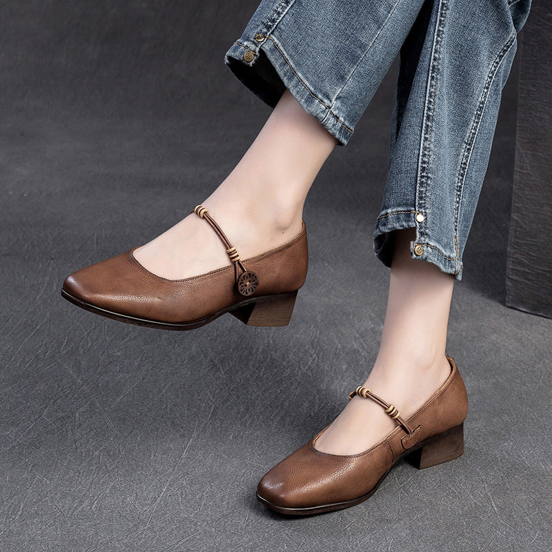 Women Retro Leather Casual Low Block Pumps Newgew Shoes