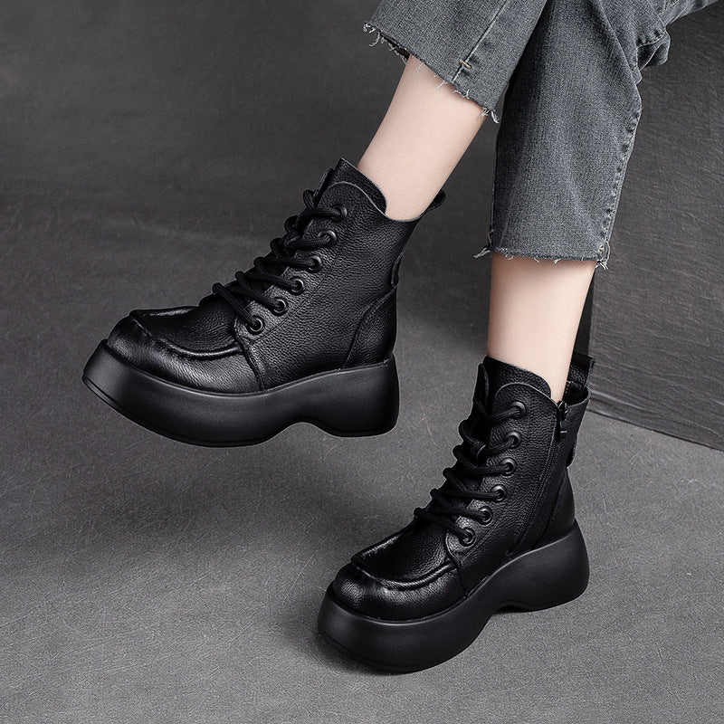 Women Retro Solid Leather Platform Boots Newgew Shoes