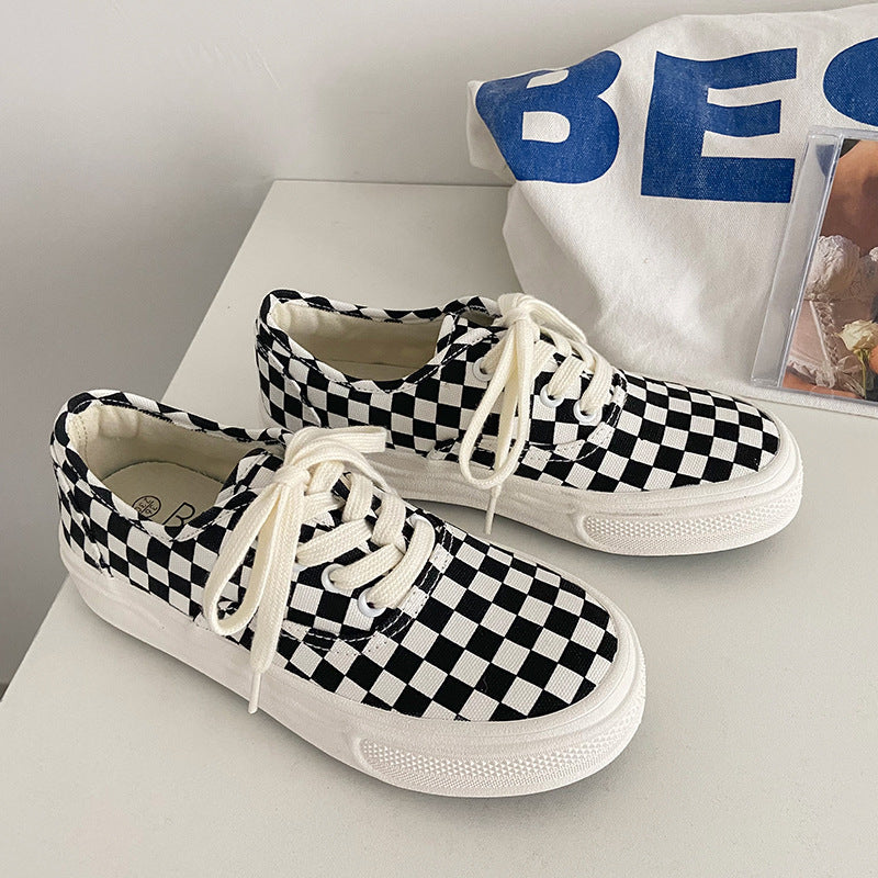 Women's & Men's Plaid Black And White Chessboard Canvas Shoes Newgew