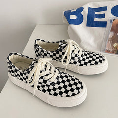 Women's & Men's Plaid Black And White Chessboard Canvas Shoes Newgew