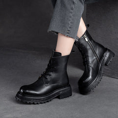 Women Classic Cowhide Patchwork Leather Combat Boots Newgew Shoes