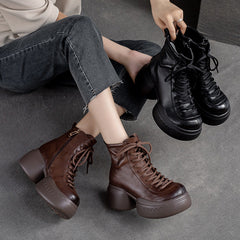 Women Retro Leather Casual Chunky Heel Boots Newgew Shoes