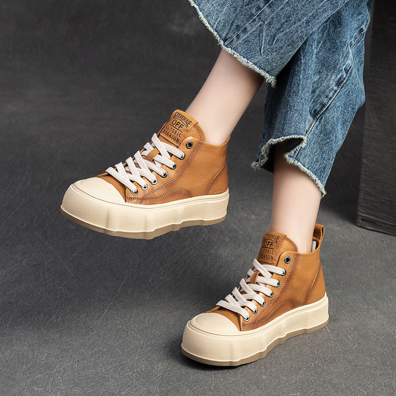 Women Fashion Cowhide Lace-up Casual Flat Ankle Boots Newgew Shoes