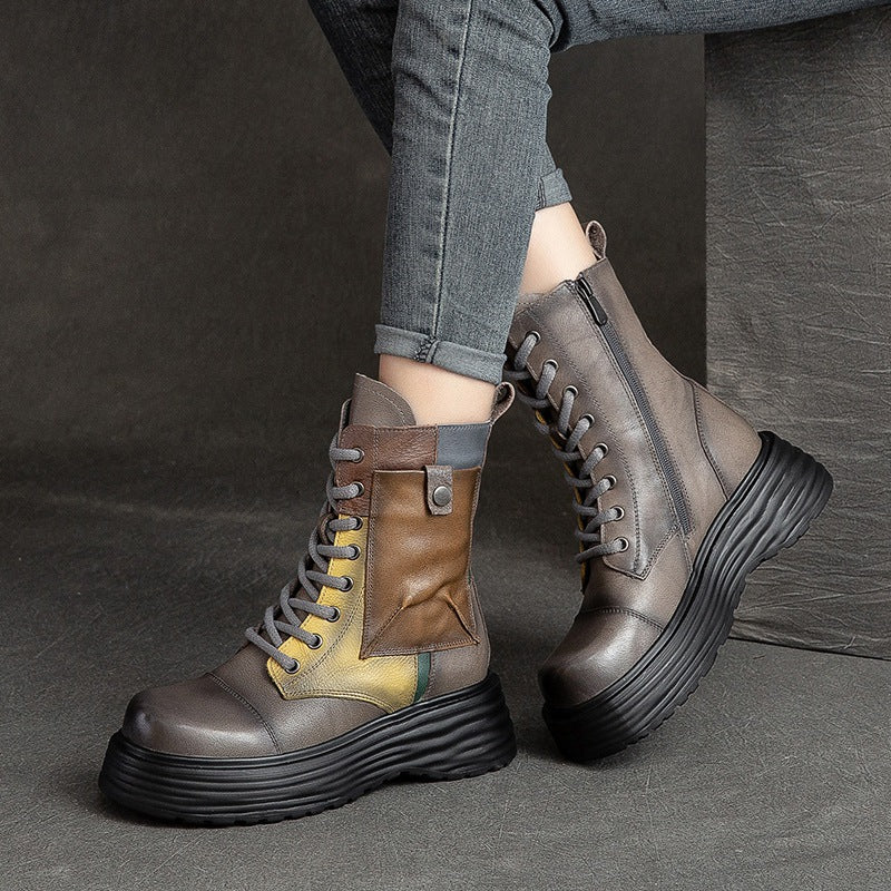 Women Retro Patchwork Leather Platform Combat Boots Newgew Shoes