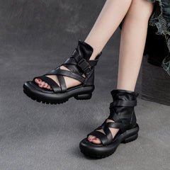 Women Soft Leather Casual Platform High Top Sandals Newgew Shoes