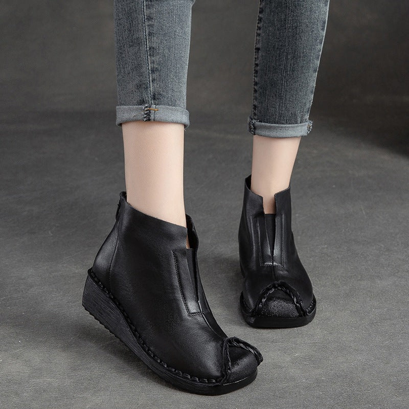 Women Retro Low Wedge Leather Ankle Boots Newgew Shoes