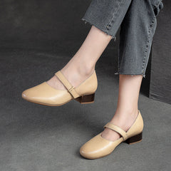 Women Minimalist Casual Retro Leather Chunky Heel Pumps Newgew Shoes