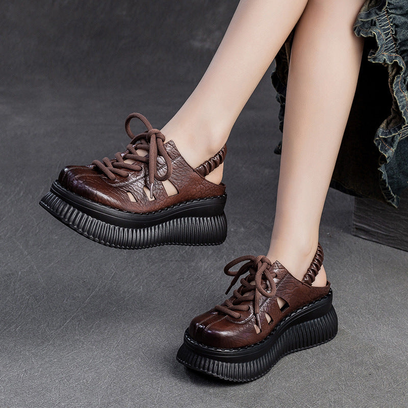 Women Retro Leather Lace-up Casual Platform Sandals Newgew Shoes