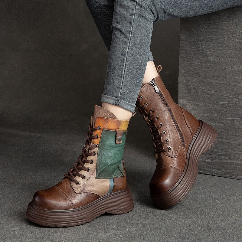 Women Retro Patchwork Leather Platform Combat Boots Newgew Shoes