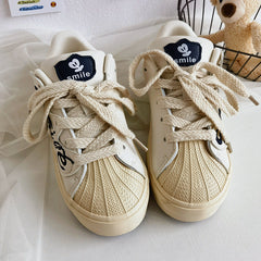 Women's Embroidered Letters Shell Head White Springtide Canvas Shoes Newgew