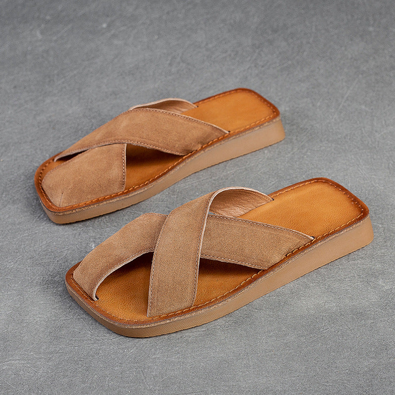Women Retro Leather Flat Casual Slides Newgew Shoes