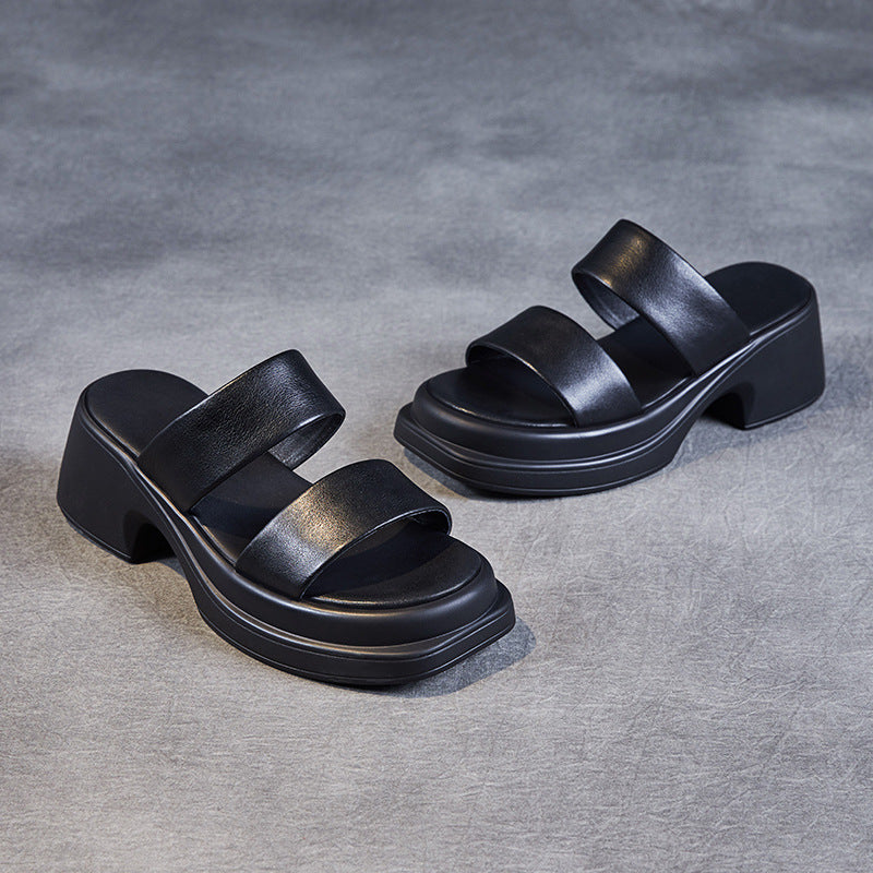 Women Retro Solid Soft Leather Chunky Lug Sole Slides Newgew Shoes