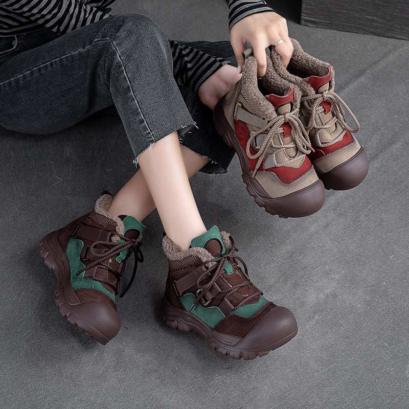 Women Retro Patchwork Leather Winter Furred Ankle Boots Newgew Shoes