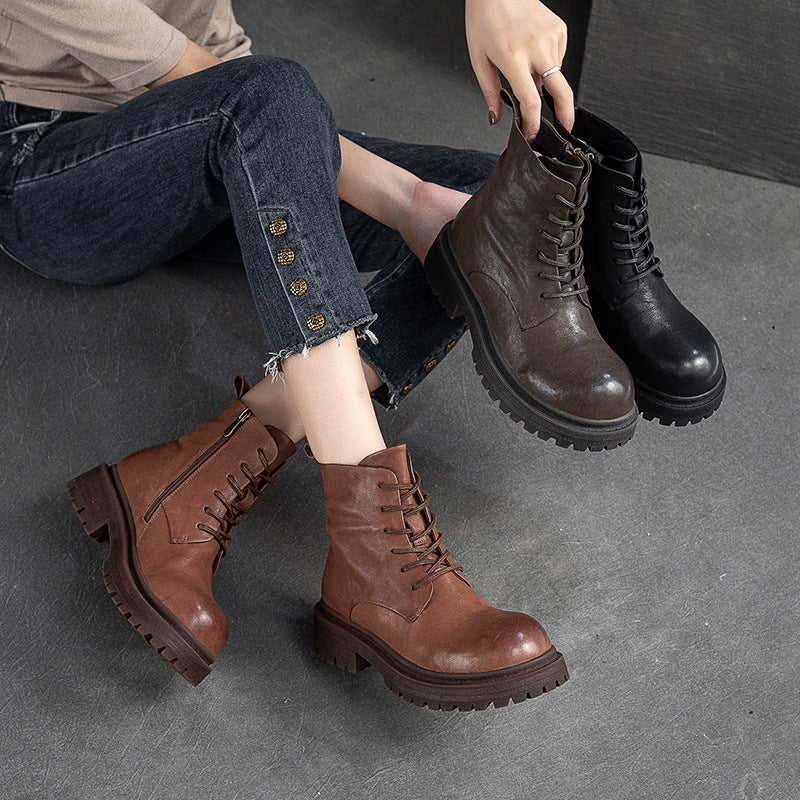 Women Retro Patchwork Leather Handmade Casual Boots Newgew Shoes