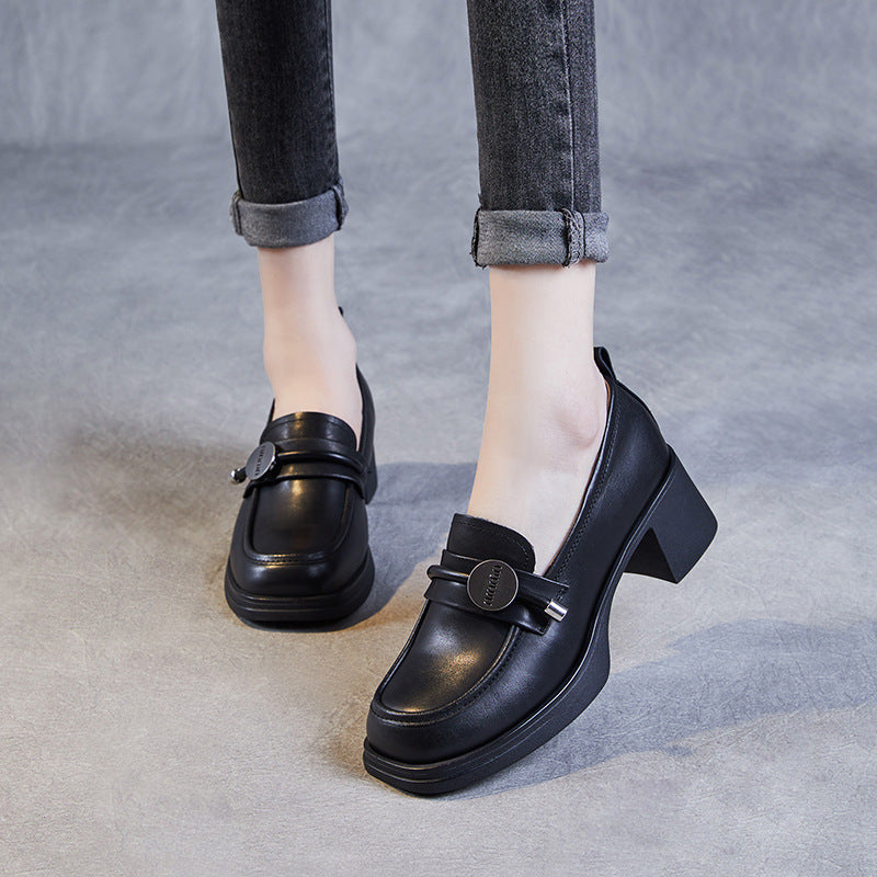 Women Minimalist Casual Leather Chunky Heel Loafers Newgew Shoes