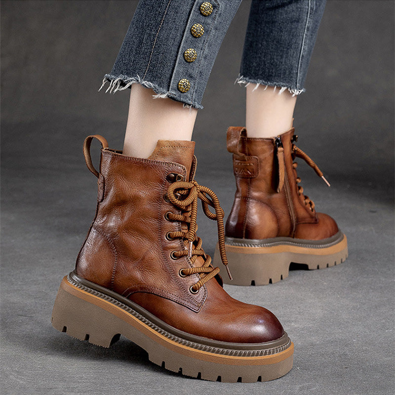 Women Classic Leather Thick Soled Combat Boots Newgew Shoes