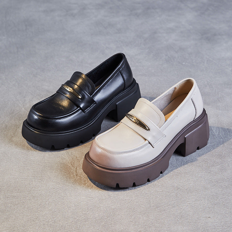 Women Minimalist Cowhide Retro Chunky Soled Loafers Newgew Shoes