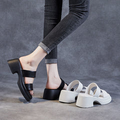 Women Retro Solid Soft Leather Chunky Lug Sole Slides Newgew Shoes