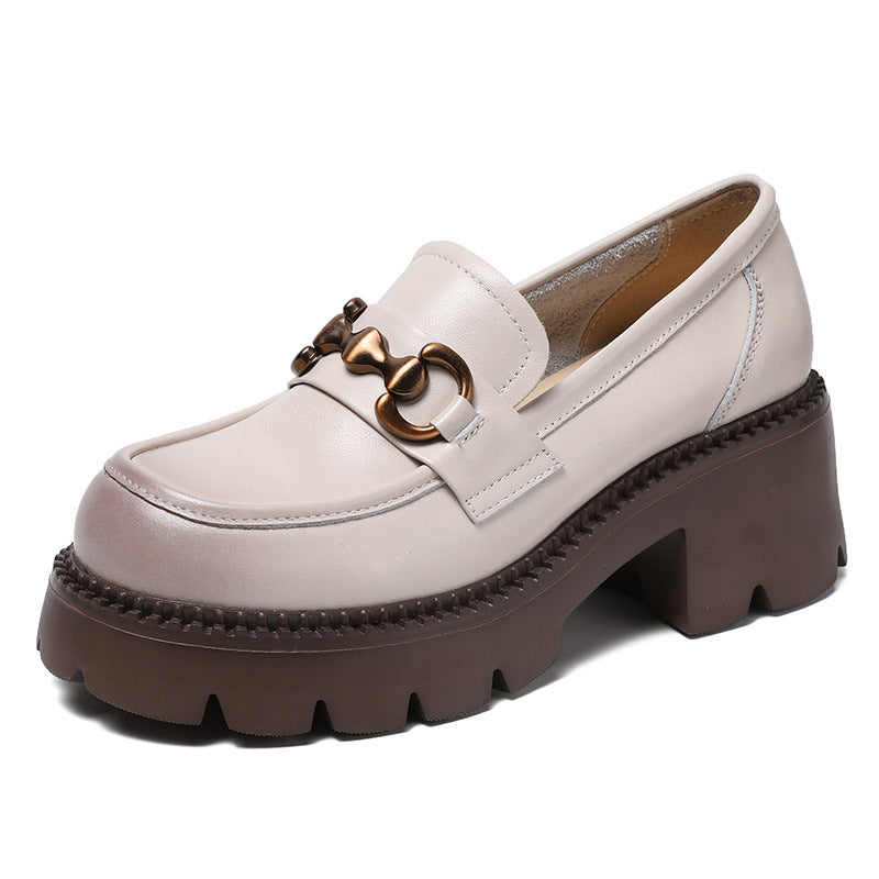 Women Retro Soft Leather Chunky Heel Loafers Newgew Shoes