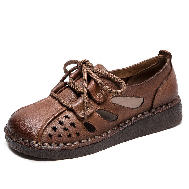 Women Retro Hollow Leather Flat Casual Shoes Newgew Shoes