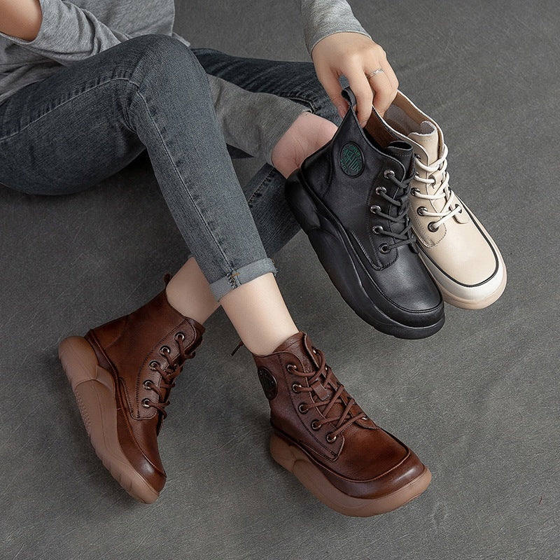 Women Retro Patchwork Leather Lace-Up Flat Boots Newgew Shoes