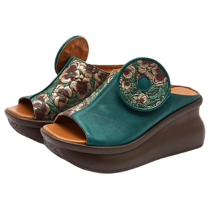 Women Retro Patchwork Cowhide Wedge Slides Newgew Shoes