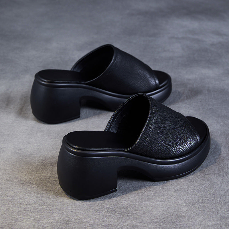Women Minimalist Leather Chunky Heel Slides Sandals Newgew Shoes