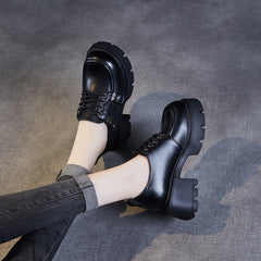 Women Retro Leather Chunky Heel Platform Loafers Newgew Shoes