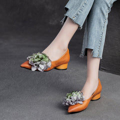 Women Retro Casual Flower Leather Low Block Pumps Newgew Shoes