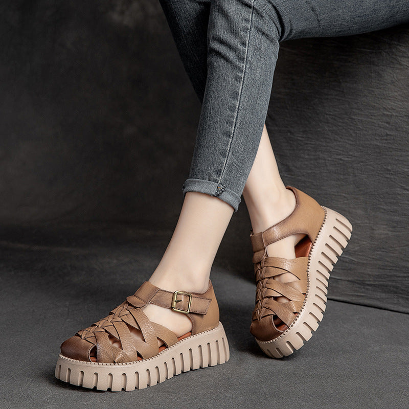 Women Handcraft Plaited Leather Platform Summer Sandals Newgew Shoes