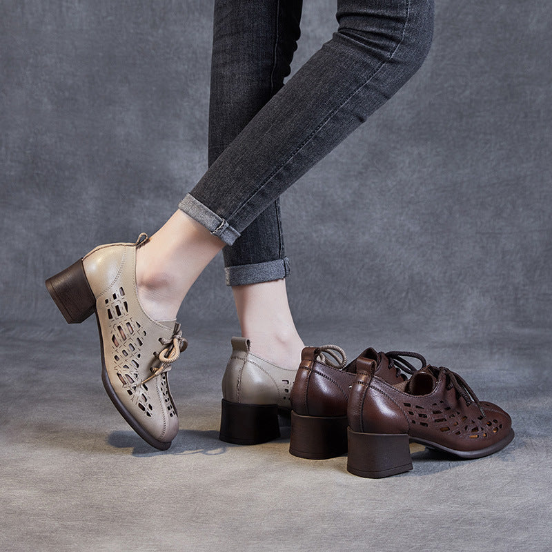 Women Hollow Leather Lace Up Summer Heel Casual Shoes Newgew Shoes