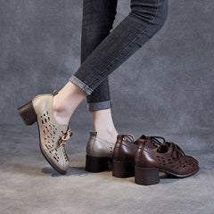 Women Hollow Leather Lace Up Summer Heel Casual Shoes Newgew Shoes
